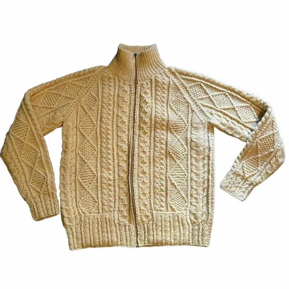 Loch Garman Ireland Fisherman Sweater Ivory Wool cardigan Full Zip L Unisex Aran